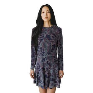 Tory Burch Size Small Navy Blue Red White Floral Dahlia Long Sleeve Dress. Midi.